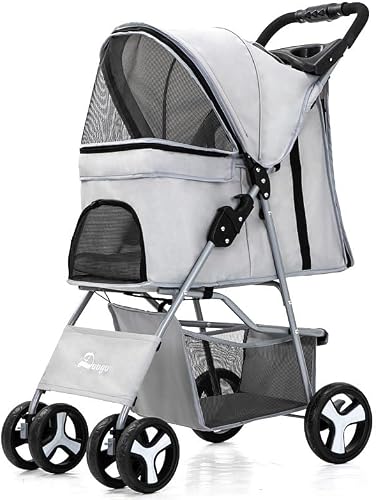 Lightweight Foldable 4 Wheels Pet Travel Trolley Cat Dog Jogger Stroller-Grey