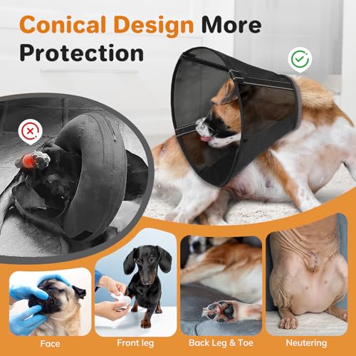 Image of Breathable Mesh Dog Cone Collar for Surgery, Soft Elizabethan Recovery Alternative to Stop Licking,Pet Neck Collar for Large Medium Small Breeds, L, Matte Black