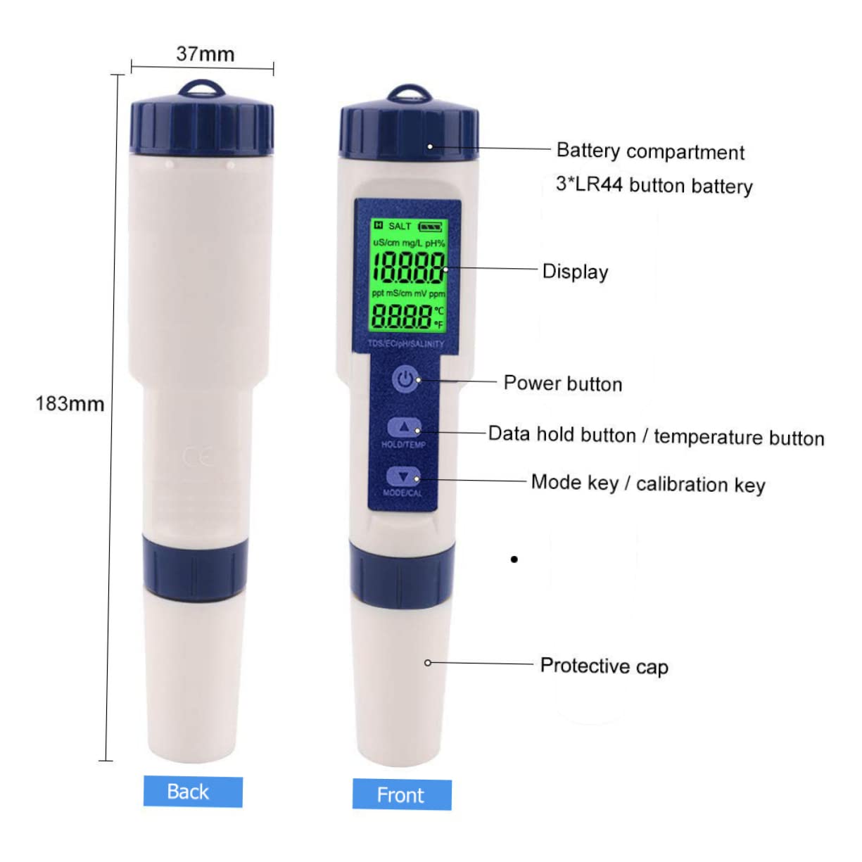 SOLUSTRE Tester Digitale Portatile per Acqua Salata per Acquari, Misuratore di Salinità in Plastico Multifunzione Retroilluminazione, per Piscine e Mare