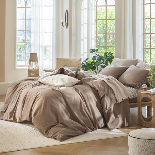 Image of MooMee Duvet Cover Set 100% Washed Cotton Linen Like Cal King | Relaxed Linen-like Texture. Soft, Breathable & Long-lasting Comfort. Lightweight. Hidden Zipper with 8 Interior Corner Ties