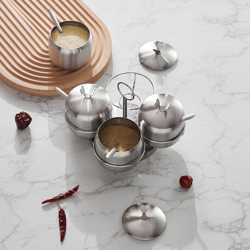 LIYJTK Stainless Steel Revolving Spice Jar Set with Rack, 12oz/350 ml Set of 4 Condiment Jar Canisters Pots Spice Container with Lids & Spoons Seasoning Box Bottle Salt Sugar Bowl for Home Kitchen