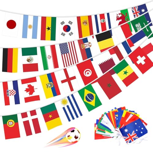 50 Länder Fahnen Wimpelkette, 15 Meter Weltflaggen, flaggen bunte Flaggengirlande, Passend für Fußball-Liga, Sportverein, WM, Olympia, Bar-Party-Dekoration (14 x 21 cm)