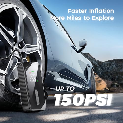 Image of Car Tire Inflator Portable Air Compressor-150 PSI Tire Pump for Car Tires, Electric Bike Tire Pump, Cordless Bike Pump with Digital Pressure Gauge, 4 Preset Modes for Car Bike Motorcycle Balls