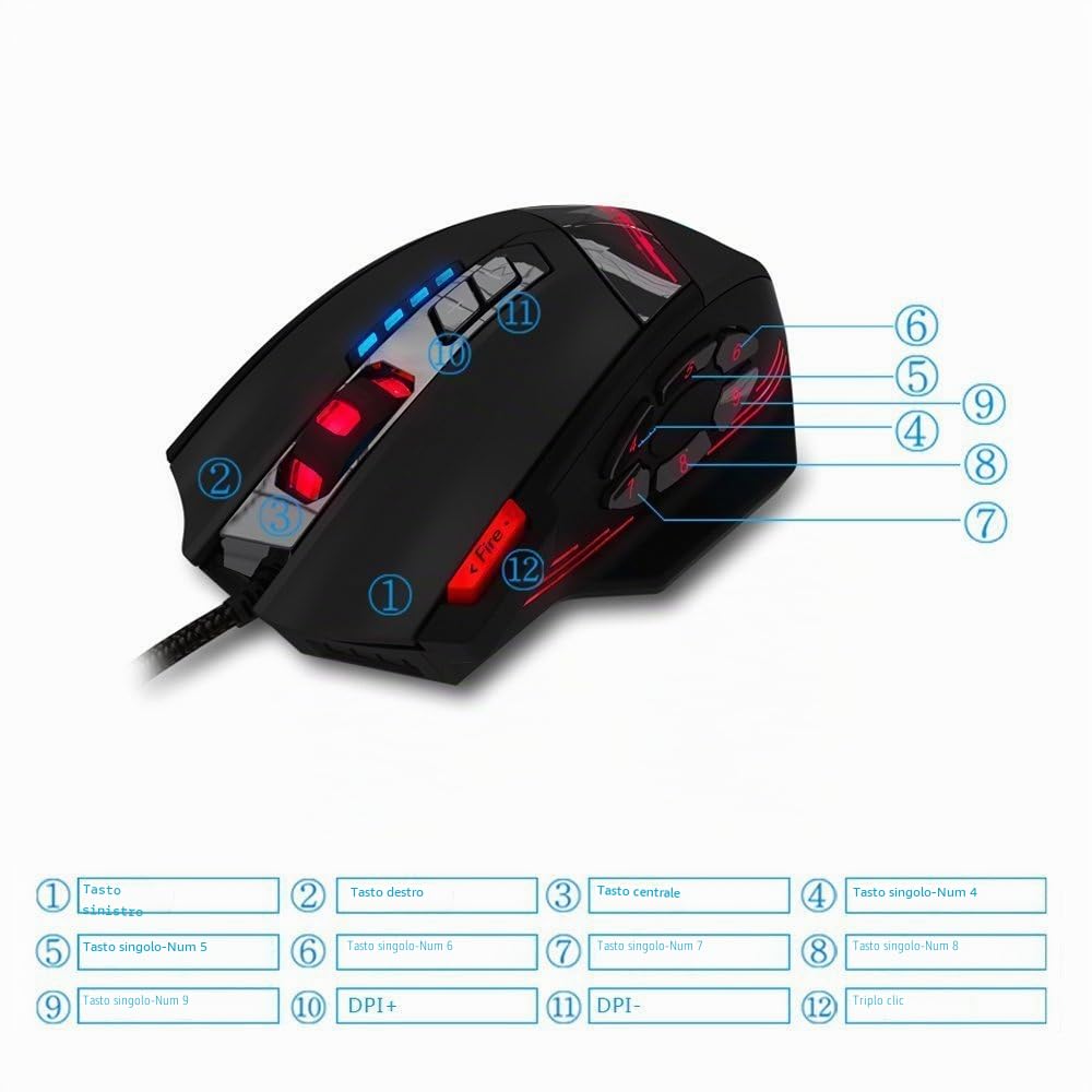 zelotes Mouse Gaming Cablata,4000DPI,12 Pulsanti Programmabili,Pesi Regolabili,RGB,Design Ergonomico,Prestazioni Elevate,Mouse da Gioco con Filo USB per PC,Mac,Laptop,Nero