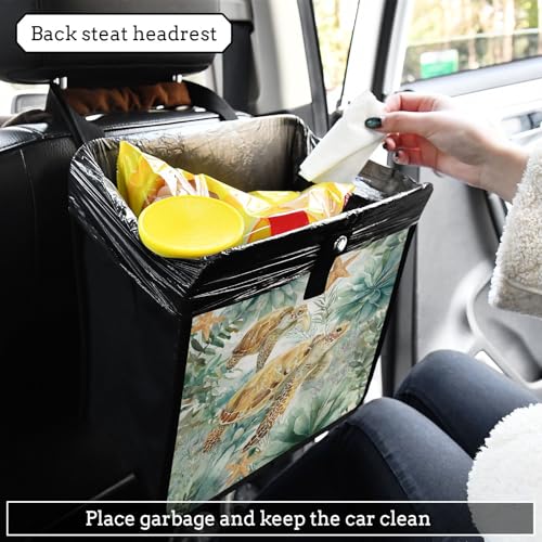 Image of Car Trash Can Organizer Bin with Adjustable Strap for Back Front Seat Console Waterproof Leakproof Collapsible Portable 8.66 Inch Sea Turtle Starfish Plants