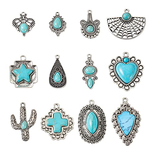 Elecrelive 24pcs Tibetan Turquoise Pendants Antique Silver Zinc Alloy Gemstone