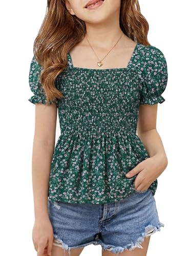 Image of Seechoslo 2025 Tween Girls' Cute Short Sleeve Square Neck Smocked Elastic Short Sleeve Woven Shirt Top