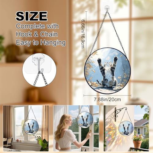 7.88‘’ Cat Stained Glass Window Hanging, Pet Hanging Stained Glass with Hook Chain for Window, Leaping Cats Sun Catchers Diamond Glass Panel Decor Gifts for Birthday/Women/Holiday