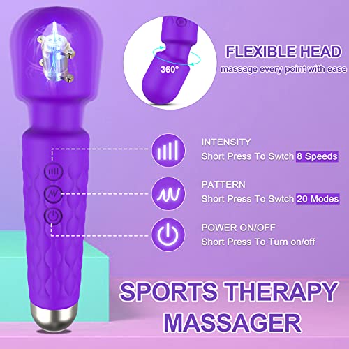 Kabelloser Massagestab, 20 Intensiv Vibrationsmodi, 8 Kraftvolle Geschwindigkeiten, USB Elektrische Handmassagegeräte, Wasserdicht Massagestab Lila, Für Schulter Nacken Entspannung Rückenmassagegerät. - Image 4