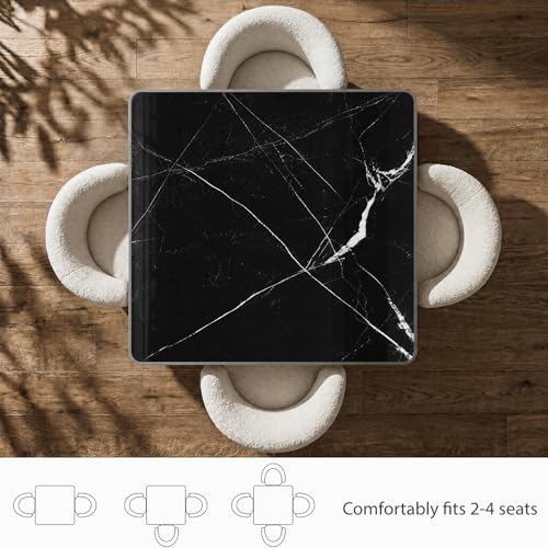 Image of 63 inch Square Dining Table, Tulip Table with 1.2 inch Thick Sintered Stone Tabletop and Silver Metal Pedestal Base, Small Square Dining Tables for Diner,Bar,Restaurant,kitchen,Bakery,Apartment (Marble Black)