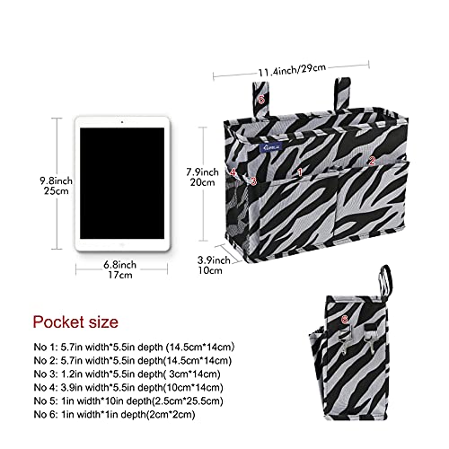 Image of Surblue Bedside Caddy Hanging Organizer Storage Bag for Bunk and Hospital Beds, College Dorm Rooms, Baby Rails, Camp Chairs, Wheelchair - 4 Pockets, 2 Hooks (Small, Zebra)