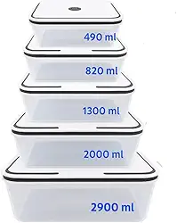 Kit 5 Potes Herméticos Retangulares Plástico Transparente com Tampa Vedação – 490ml, 820ml, 1300ml, 2000ml e 2900ml – Freezer, Micro-ondas e Lava-louças