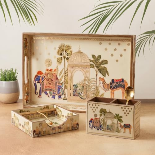 Image of Wooden Serving Tray Combo | Large Serving Tray, Napkin Holder & Cutlery Organizer | Traditional Indian Decor | Waterproof Resin Coated | Dining & Kitchen Use