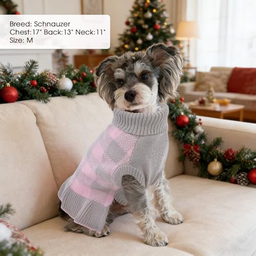 Image of Dog Sweater Dress Plaid Knitwear for Small Medium Dogs Warm Puppy Pet Turtleneck Stretch Pullover Cute Fall Winter Vest Clothes with Leash Hole for Christmas (Grey, M)