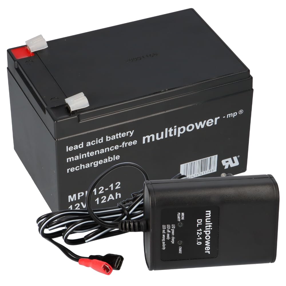 Juego de baterías de plomo AGM de 12 V y 12 Ah con cargador 1 A, Faston de 6,3 mm, batería Multipower MPL12-12 + cargador DL12-1.0, sin mantenimiento, Eurobat 10 años, 151 x 98 x 98 mm