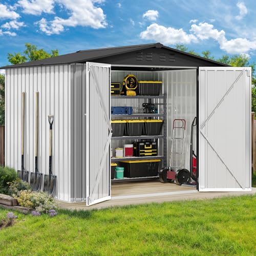 Image of DWVO 7x5FT Outdoor Storage Shelter, Roomy Steel Tool Shed with Secure Entrances & Air Circulation for Patio, Lawn, and Backyard, Ideal for Storing Garden Gear, Lawn Tools, and Bikes, White