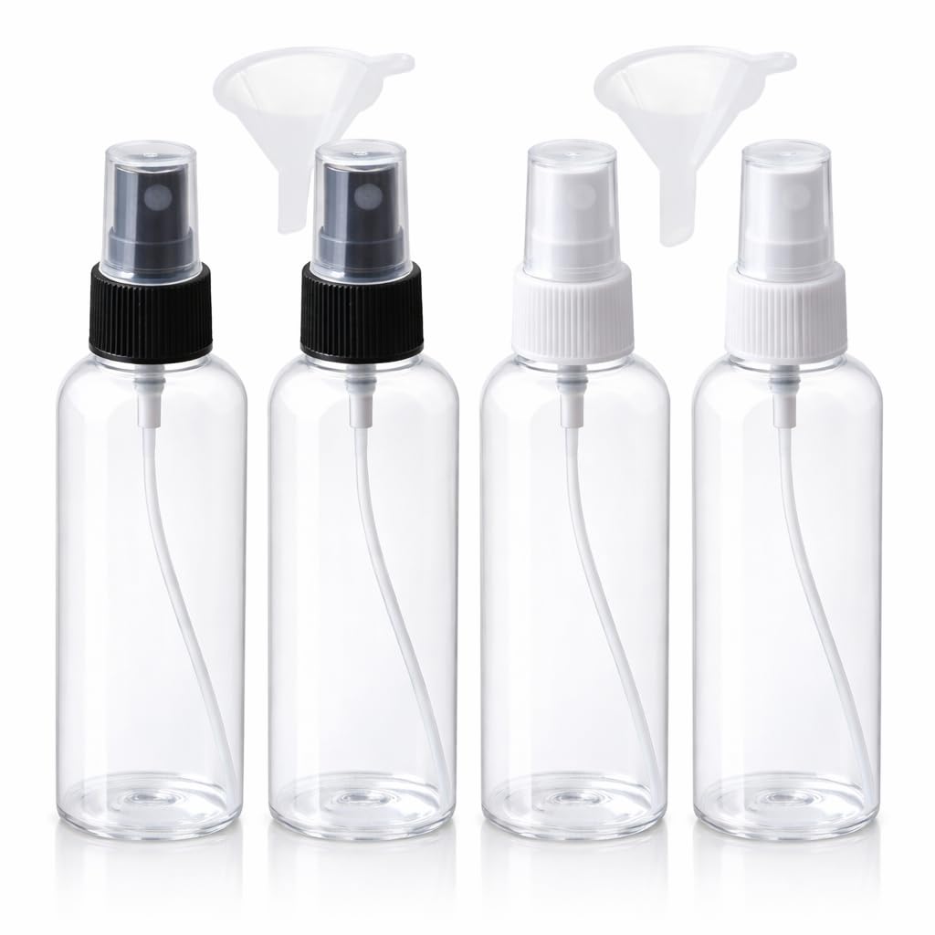 Akord Transparent 6 Pieces Spray Bottle Set, 4 Pieces 100Ml Clear Fine Mist Spray Bottles Plastic Empty Refillable Atomiser With 2 Pieces Funnel For Travel Perfumes Toiletries Liquid