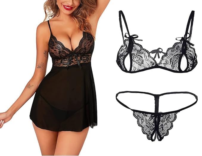 Image of SunFlux Women's Babydoll Nightwear, Babydoll Undergarments,Women's Honeymoon Dress, Women's Transparent Night Dress, Women's Nighty