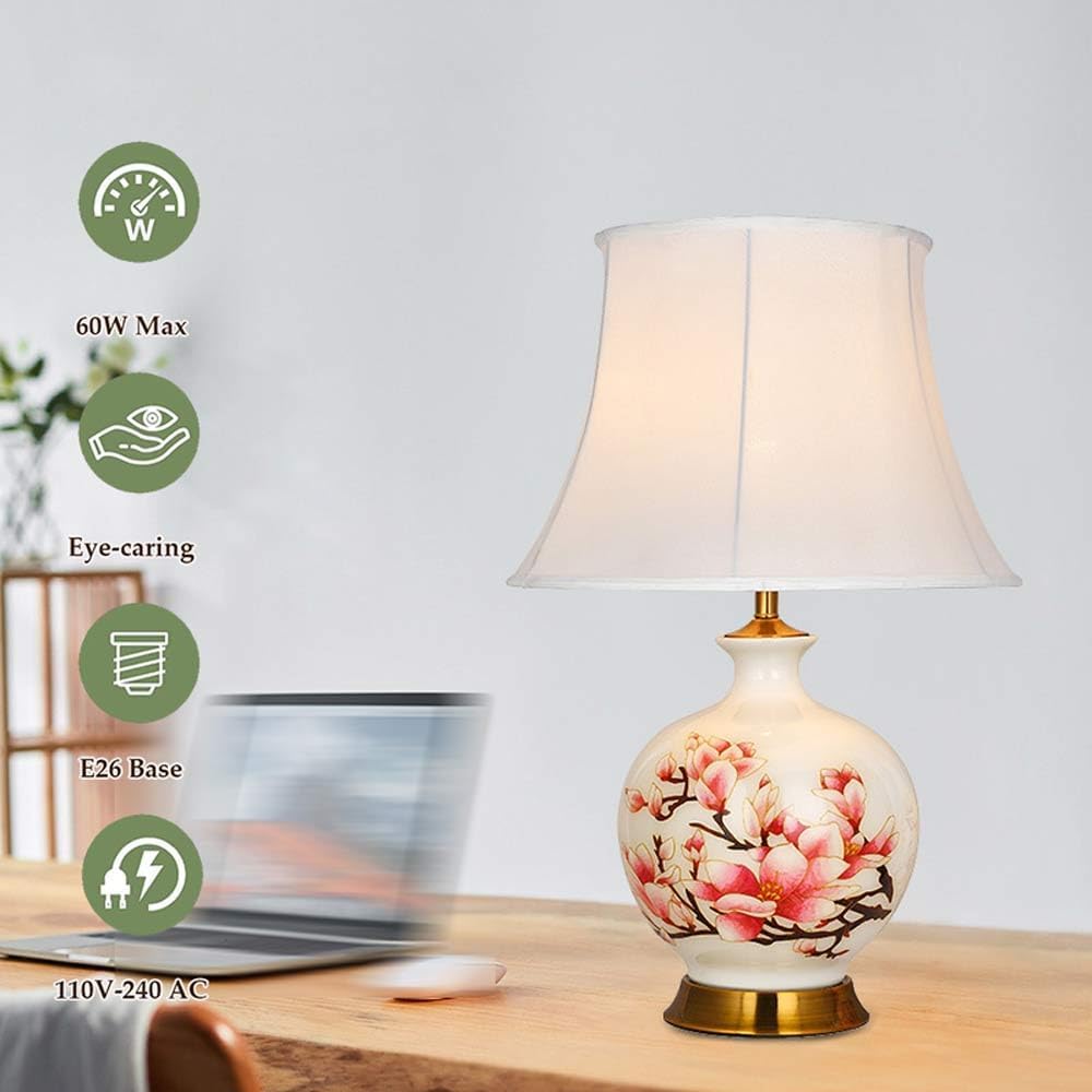 Lámpara De Mesa Cerámica Plum Blossom - Noche Tela Elegante Para Decoración Hogar, Sala Estar Y Hotel Iluminación Interior E26