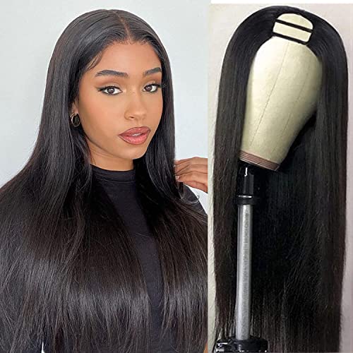 Fuduete U Part Wigs Straight Brazilian Virgin Human Hair Wig for Black Women Glueless Full Head Clip In Half Wigs 2x4 U Shape Wigs Human Hair 150% Density Natural Color(U Part Straight Wigs,18Inch)