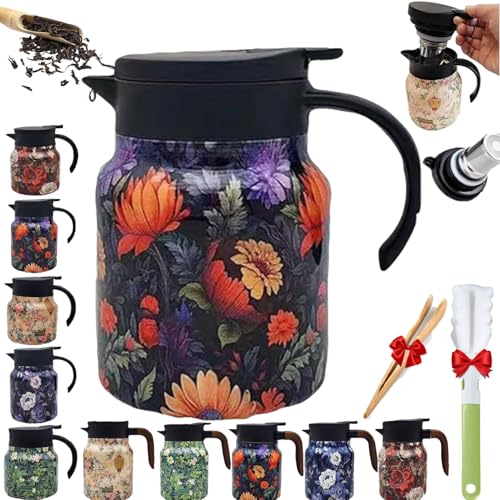 Tetera con infusor incorporado y diseño floral vintage, jarra térmica de acero inoxidable con tapa.(Black,800PlasticHand)