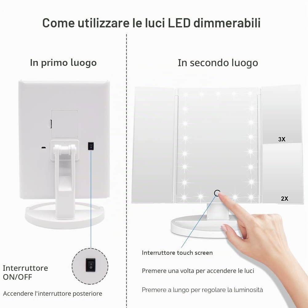 WEILY Specchio per Trucco con 21 Luci, 1x / 2x / 3x Specchietti per Ripiegabile con che Ruota di 180°, Specchio Trifold con Touch Screen Regolabili per Regalo Donne (Bianco)