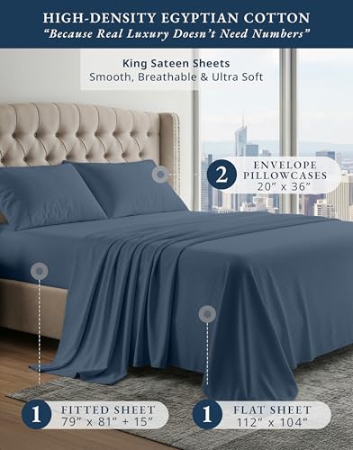 Image of LANE LINEN Deep King Sheets for Thick Mattress Sateen Weave - Estate Blue | Egyptian Cotton King Sheets - 4-Piece Set, For Guests And Everyday Use, For A Silky Hotel-Style Bed, Luxe Sheen,