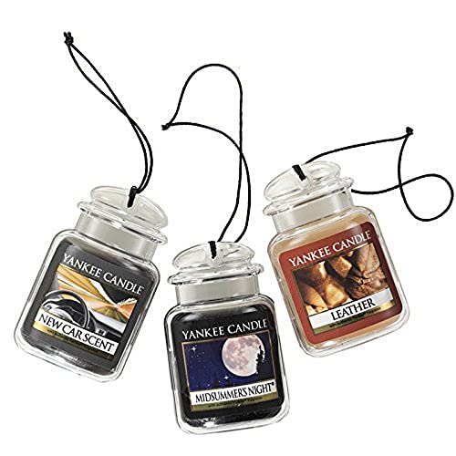 Yankee Candle Car Air Fresheners Hanging Car Jar Ultimate 3-Pack Neutralizes Odors Up To 30 Days Includes: 1 Leather 1 Midsummer’s Night and 1 New Scent