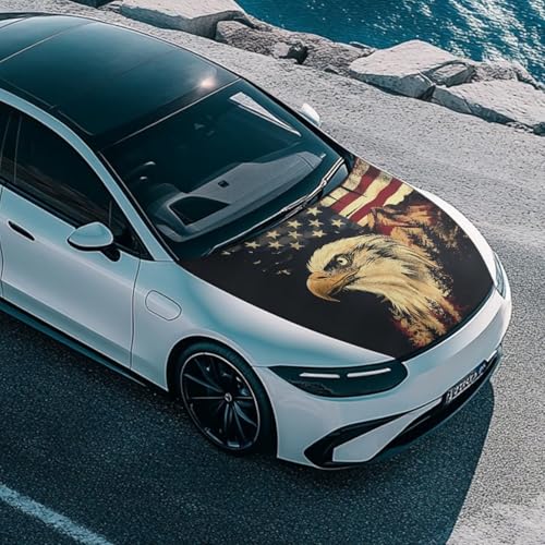 Image of American Flag Eagle Car Hood Cover Protector Vehicles Hood Wrap Blankets Auto Outdoor Patriotic Decorations Stretchable Automotive Exterior Accessories for Most Sedans Trucks Pickup SUV