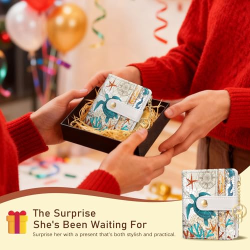 Image of Jogjam Rfid Women Wallet, Small Slim Thin Credit Card Wallet, PU Leather Bifold Cash Wallet, Zipper Coin Pocket & ID Window, Female Ladies Teen Girls Girly Gifts, Sea Turtle, Modern