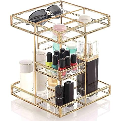 Miss Sweet Revolving Makeup Organizer Adjustable Cosmetic Storage 360-Degree Rotating (Gold) Cover