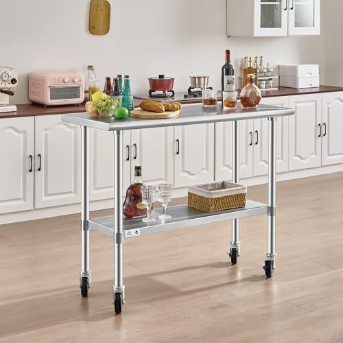 Image of ROCKPOINT Stainless Steel Table for Prep & Work with Caster Wheels 18x48 Inches, NSF Metal Commercial Kitchen Heavy Duty Table with Adjustable Under Shelf and Table Foot for Restaurant, Home and Hotel