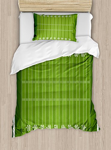 Ambesonne Football Duvet Cover Set, Sports Field in Green Gridiron Yard Competitive Games College Teamwork Print, Decorative 3 Piece Bedding Set with 2 Pillow Shams, Twin Size, White and Green