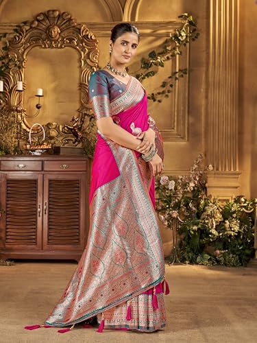 Image of Mehrang Women's Banarasi Silk Kanjivaram Saree For Wedding With Pure Zari Work, Woven Design, With Unstitched Blouse Piece