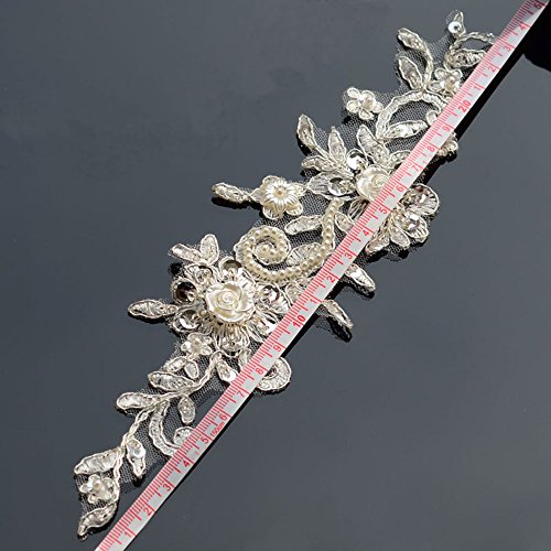 Bling Paillette Rhinestones Lace Appliques Pearl Beaded Bridal Applique Sewing Patch For Diy Wedding Belt Shoes Ivory (2 Pieces) #TOP2