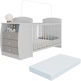 Berço Cômoda Multifuncional Colinho de mãe com colchão incluso Multimóveis Branco/Cinza