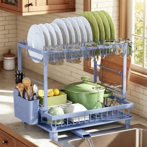 Image of Dish Drying Rack 2-Tier Dish Racks with Drainboard, Rustproof, Space-Saving Dish Rack, Utensil & Cup Holder for Kitchen Counter, Blue