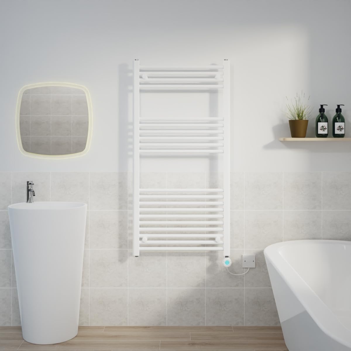 Warmehaus 600W Electric Thermostatic Heated Towel Rail Bathroom Radiators Straight with LCD Display Timer White 1200x600mm