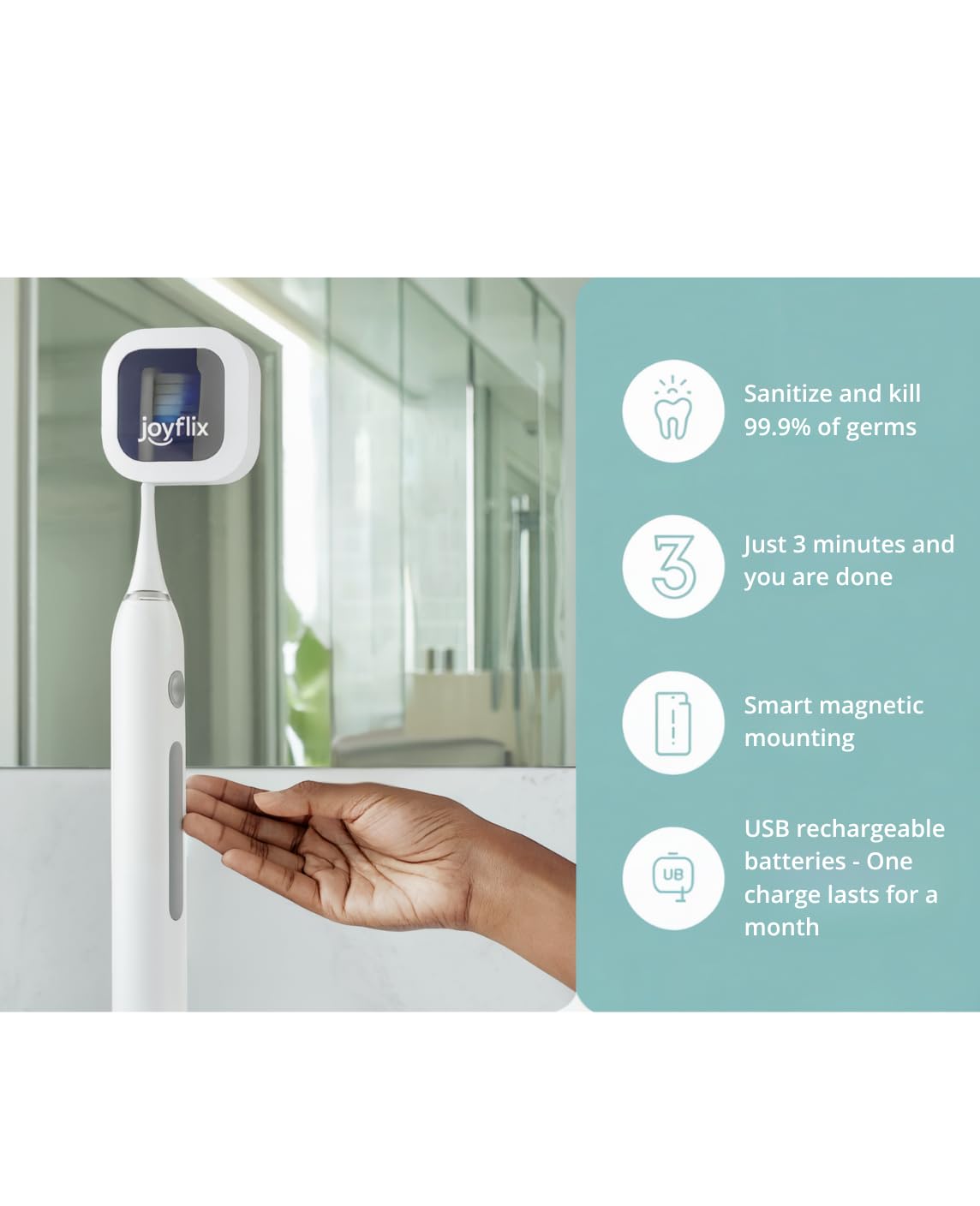 Désinfectant UV-C pour brosse à dents | Portable et rechargeable | Désinfection à 99,9 % avec fonction de chauffage | Support magnétique, design compact et facile à transporter (noir