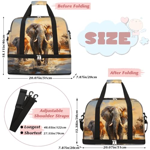 Travel Duffel Bags Retro Africa Elephant Foldable Weekender Bags for Women with Shoes Compartment Waterproof & Tear Resistant Carry on Overnight Luggage Duffel Bag Shoulder Sports Tote Bag,B-2422