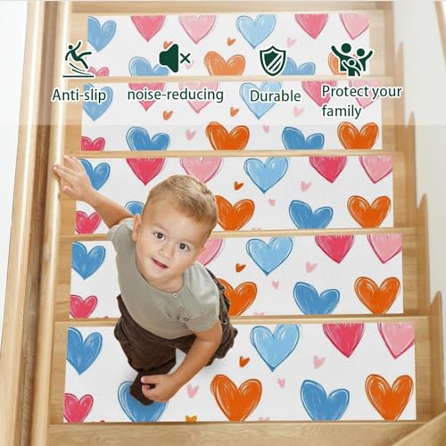 Tapis d'escalier antidérapants lot de 15 marches bois forme cœur - 5