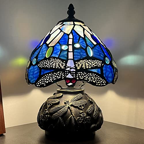Rhlamps Small Tiffany Lamp W8H11 Inch Navy Dragonfly Style Stained Glass Table Lamp Bronze Mushroom Type Bedside Lamp Mini Accent Lamp Decor Bedroom #TOP22