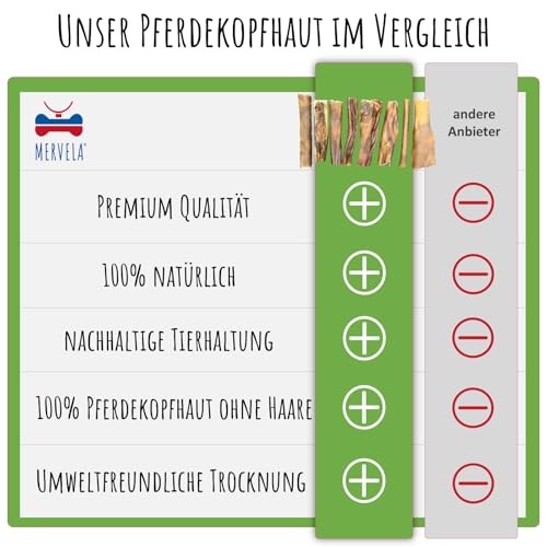 MERVELA Pferdekopfhaut ohne Fell | Hypoallergen | 1 kg | Qualität aus Deutschland | 12 cm Stücke | natürlicher Kauartikel | 100% Monoprotein Pferd