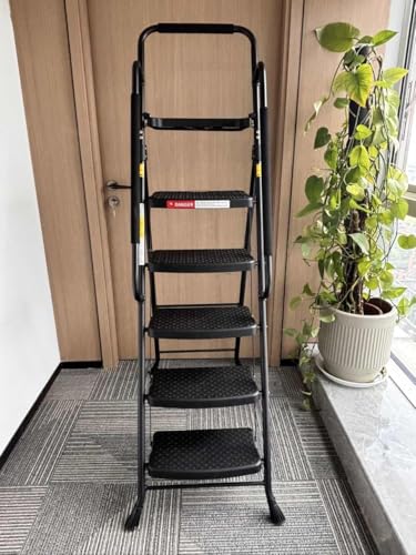 HBTower 5 Step Ladder with Handrails, Folding Step Ladder with Wide Anti-Slip Pedal & Tool Tray, Black