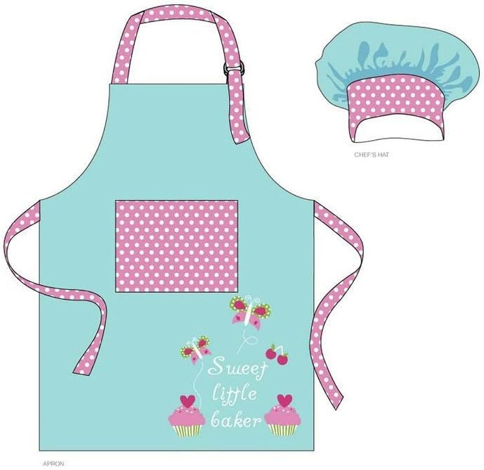 Inhabit Chef Set for Kids - Blue Aqua Cotton Canvas Apron and Polka Dot Pink Chef Hat with Sweet Little Baker Print