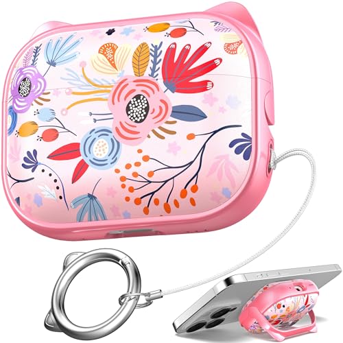 Image of for AirPods Pro 2 Case with Cleaning Kit, Cute Cat Ear Print Design & Cute Buckle for Girls, Phone Holder & Top Safe Lock Buckle Design for AirPods Pro 2nd /1st Gen case, Pink Flower