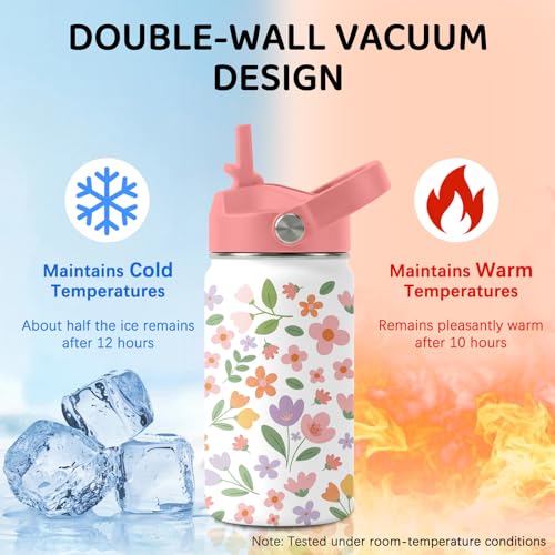 Image of Flower Water Bottle for Son & Daughter, Stainless Steel Insulated Tumbler with Straw Lid and Handle, 12oz Reusable Leak-Proof Bottle for Sports