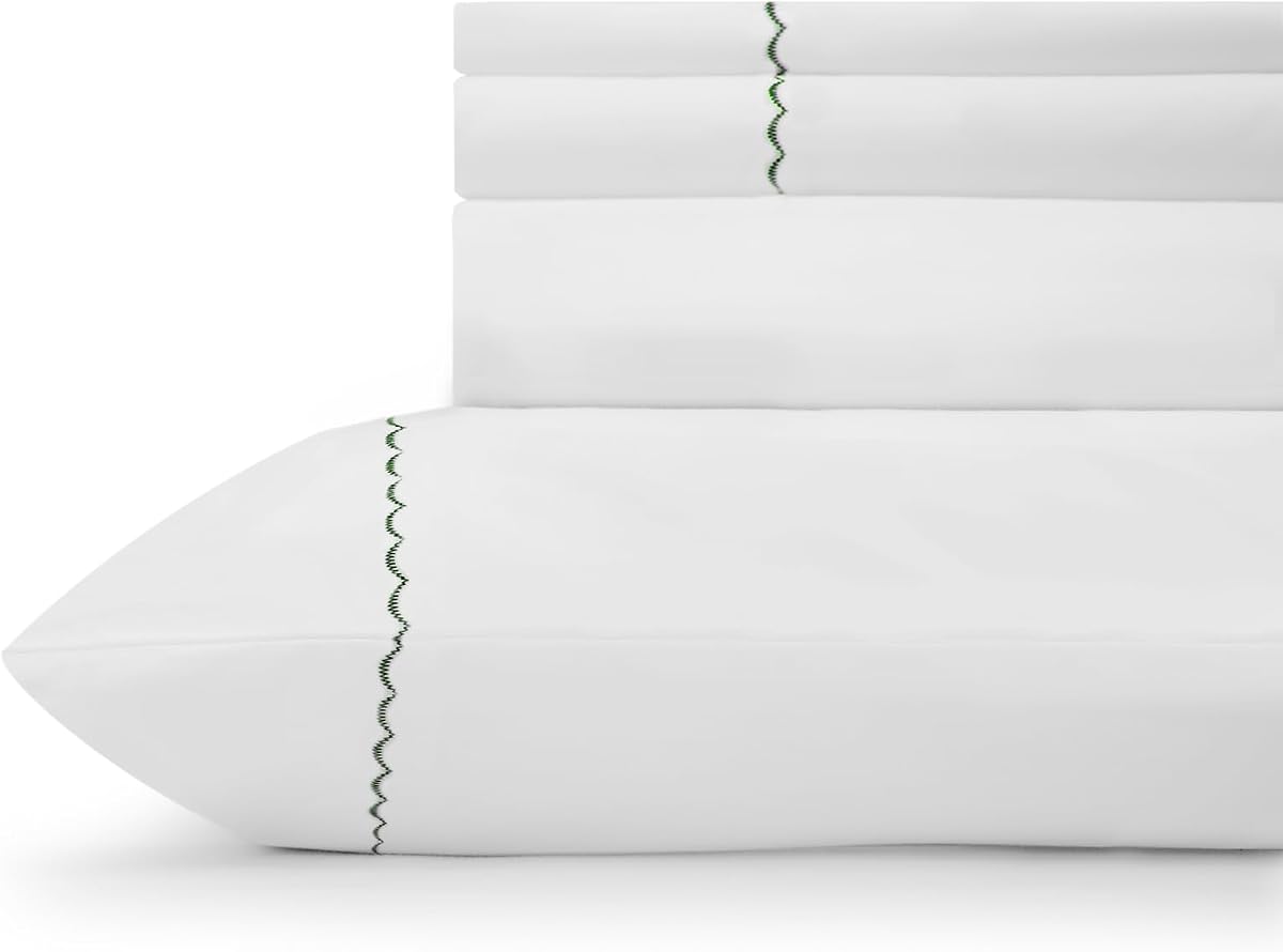 100% Cotton Percale Marrow Stitch Hem Sheet Set Queen Size, Olive Green, 4 Piece Hotel-Style Tailored Deep Pocket Bedding, Crisp Cool All-Season Breathable Sheets, Long-Staple Combed Cotton