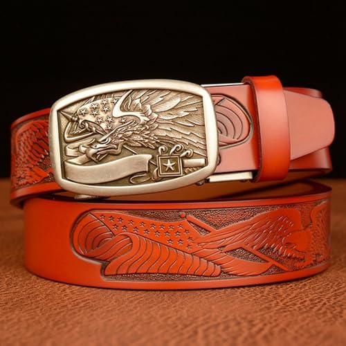 Men's Cowhide Leather Ratchet Belt - 35mm Wide Eagle Pattern Waistband With Adjustable Silver Slide Buckle3