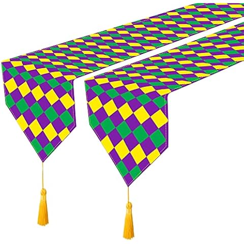Wehhbtye 2 Pack Mardi Gras Table Runner -12 x71 Table Runner Mardi Gras Decorations with Tassels -Table Runner Dresser Scarves for Table Dinner Holiday Party(Mardi Gras Diamond, 2) Cover
